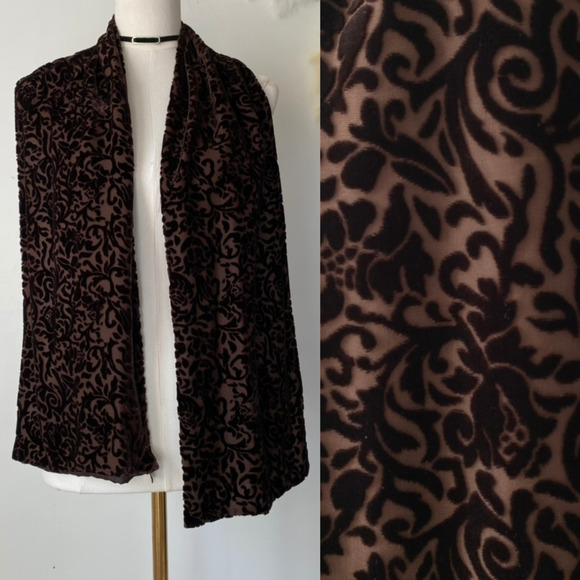Valerie Stevens Womens Velvet Burnout Scarf Whimsigoth Y2K Silk Blend Brown Goth - Picture 1 of 10